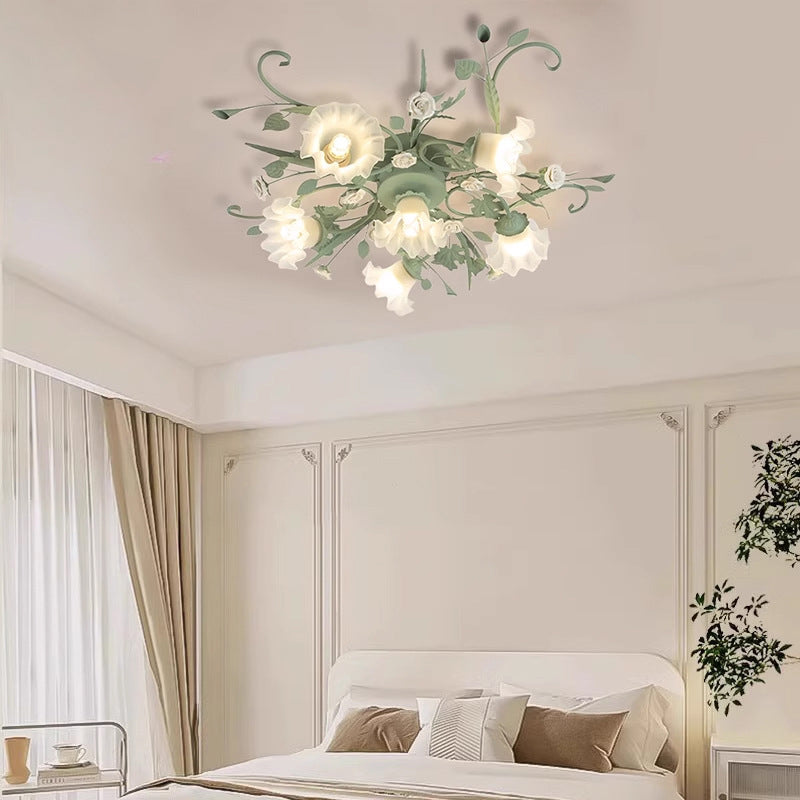 Traditional Rustic Floral Rose Leaf Glass Iron 4/5/6/9 Light Semi-flush Mount Ceiling Light for Living Room