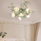 Traditional Rustic Floral Rose Leaf Glass Iron 4/5/6/9 Light Semi-flush Mount Ceiling Light for Living Room