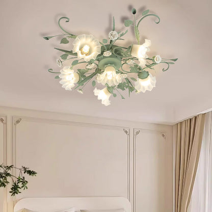 Traditional Rustic Floral Rose Leaf Glass Iron 4/5/6/9 Light Semi-flush Mount Ceiling Light for Living Room