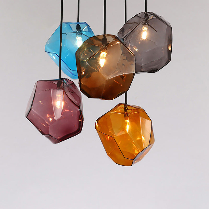 Traditional Vintage Irregular Stone Shape Glass Metal 1-light Pendant Light for Living Room BulbSquare