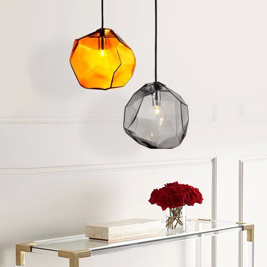 Traditional Vintage Irregular Stone Shape Glass Metal 1-light Pendant Light for Living Room BulbSquare