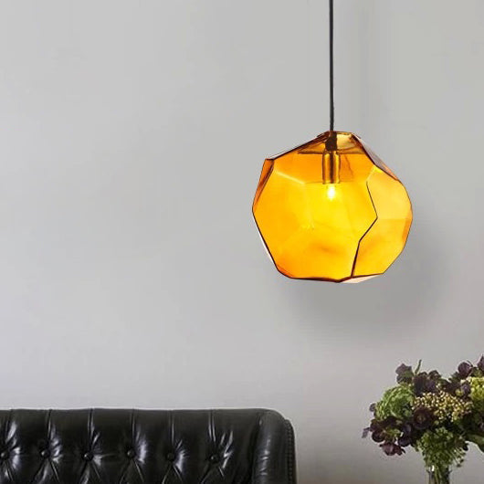 Traditional Vintage Irregular Stone Shape Glass Metal 1-light Pendant Light for Living Room BulbSquare