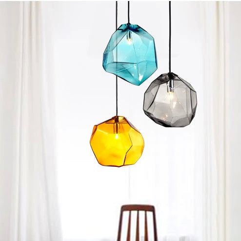 Traditional Vintage Irregular Stone Shape Glass Metal 1-light Pendant Light for Living Room BulbSquare