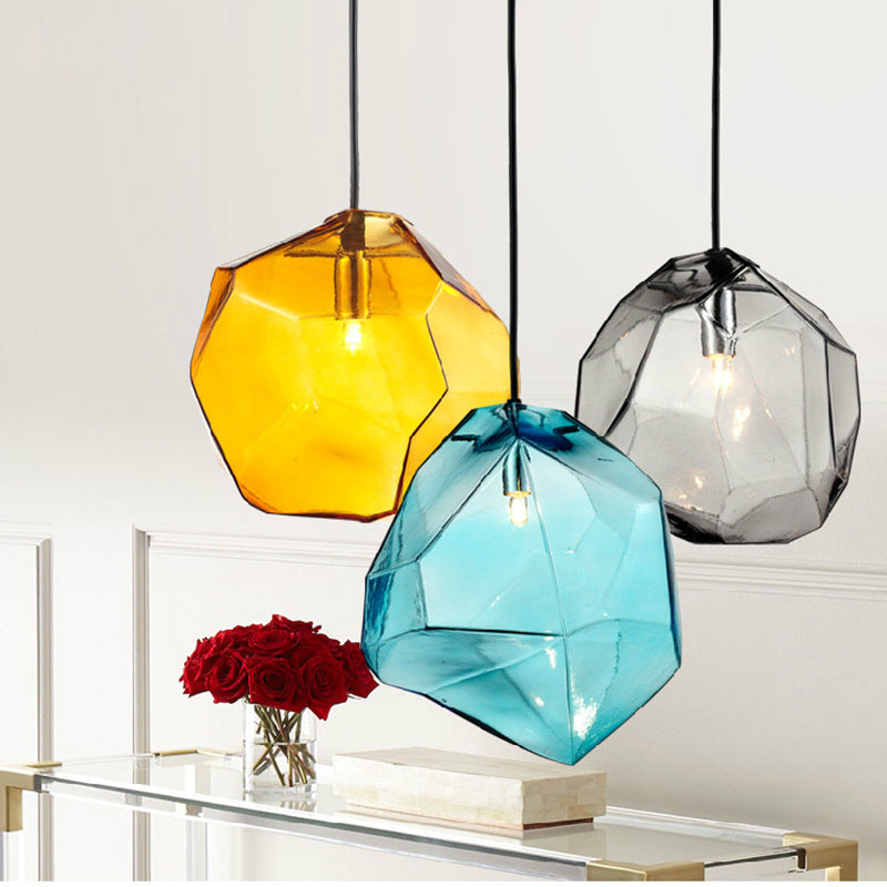 Traditional Vintage Irregular Stone Shape Glass Metal 1-light Pendant Light for Living Room BulbSquare