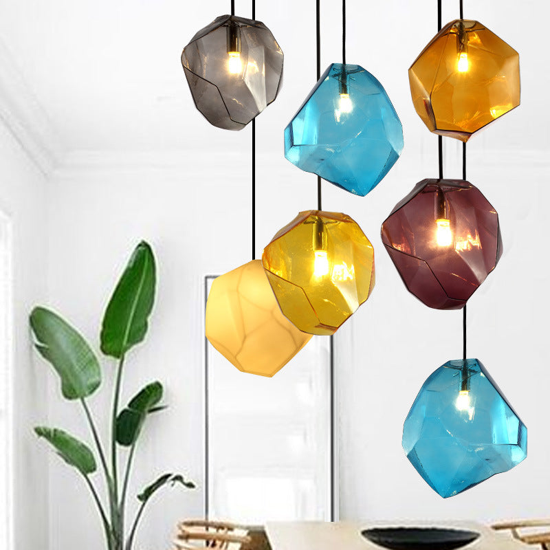 Traditional Vintage Irregular Stone Shape Glass Metal 1-light Pendant Light for Living Room BulbSquare