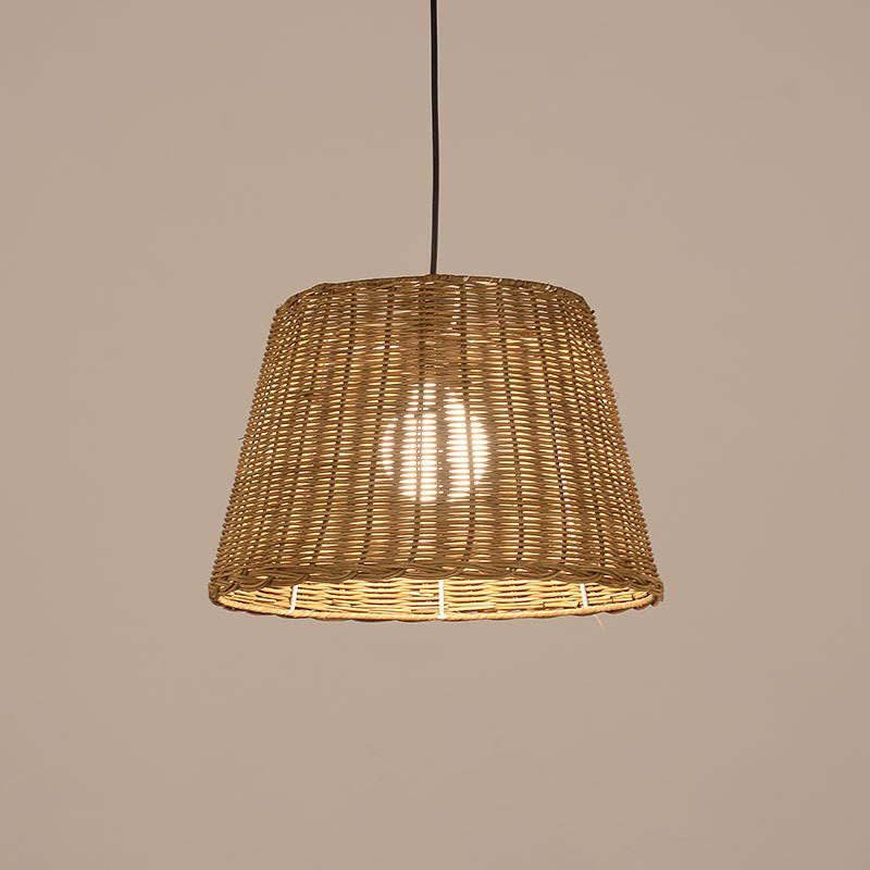 Traditional Vintage Round Cone Rattan Iron 1-Light Pendant Light For Living Room