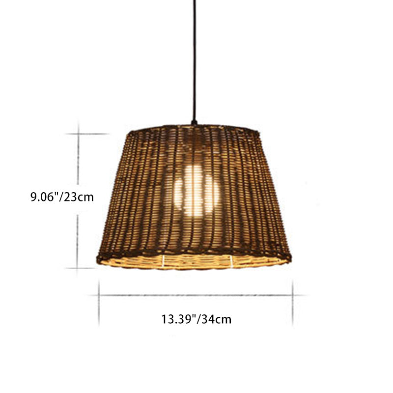 Traditional Vintage Round Cone Rattan Iron 1-Light Pendant Light For Living Room