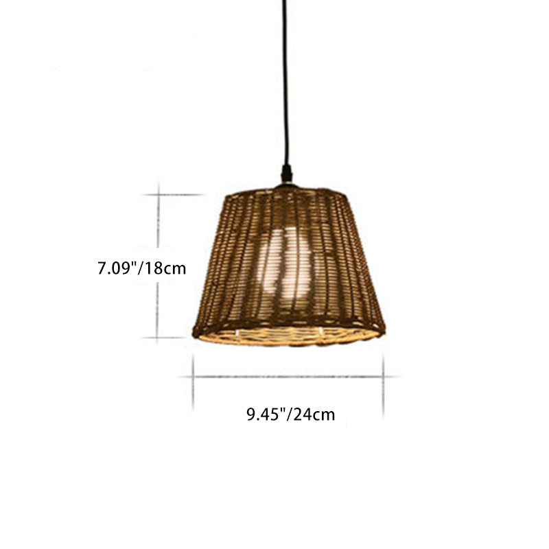 Traditional Vintage Round Cone Rattan Iron 1-Light Pendant Light For Living Room