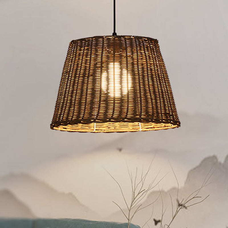 Traditional Vintage Round Cone Rattan Iron 1-Light Pendant Light For Living Room