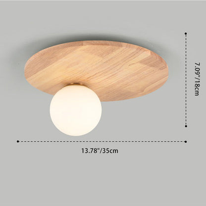 Traditional Japanese Orb Round Glass Wood 1-Light Flush Mount Ceiling Light For Bedroom