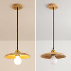 Traditional Japanese Round Frisbee Glass Wood 1-Light Pendant Light For Living Room