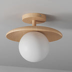 Traditional Japanese Frisbee Round Glass Rubberwood 1-light Semi-flush Mount Ceiling Light for Living Room