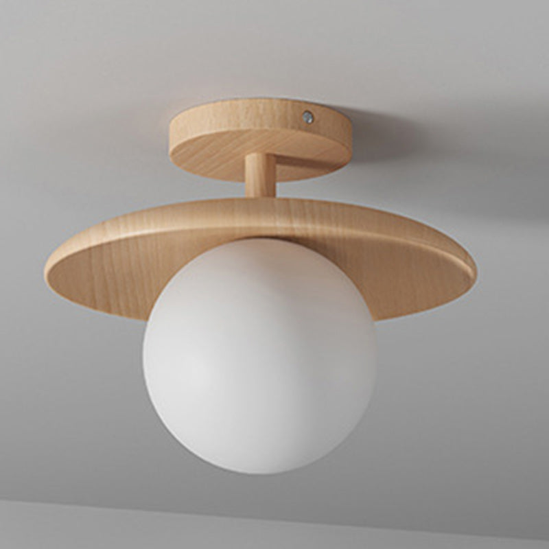 Traditional Japanese Frisbee Round Glass Rubberwood 1-light Semi-flush Mount Ceiling Light for Living Room