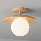 Traditional Japanese Frisbee Round Glass Rubberwood 1-light Semi-flush Mount Ceiling Light for Living Room