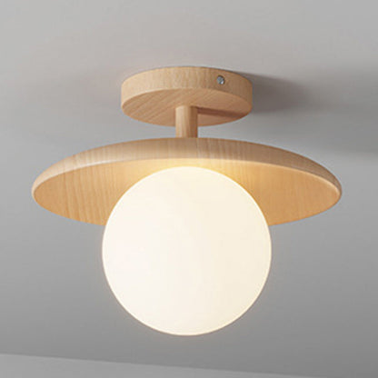 Traditional Japanese Frisbee Round Glass Rubberwood 1-light Semi-flush Mount Ceiling Light for Living Room