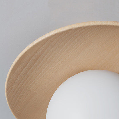 Traditional Japanese Frisbee Round Glass Rubberwood 1-light Semi-flush Mount Ceiling Light for Living Room