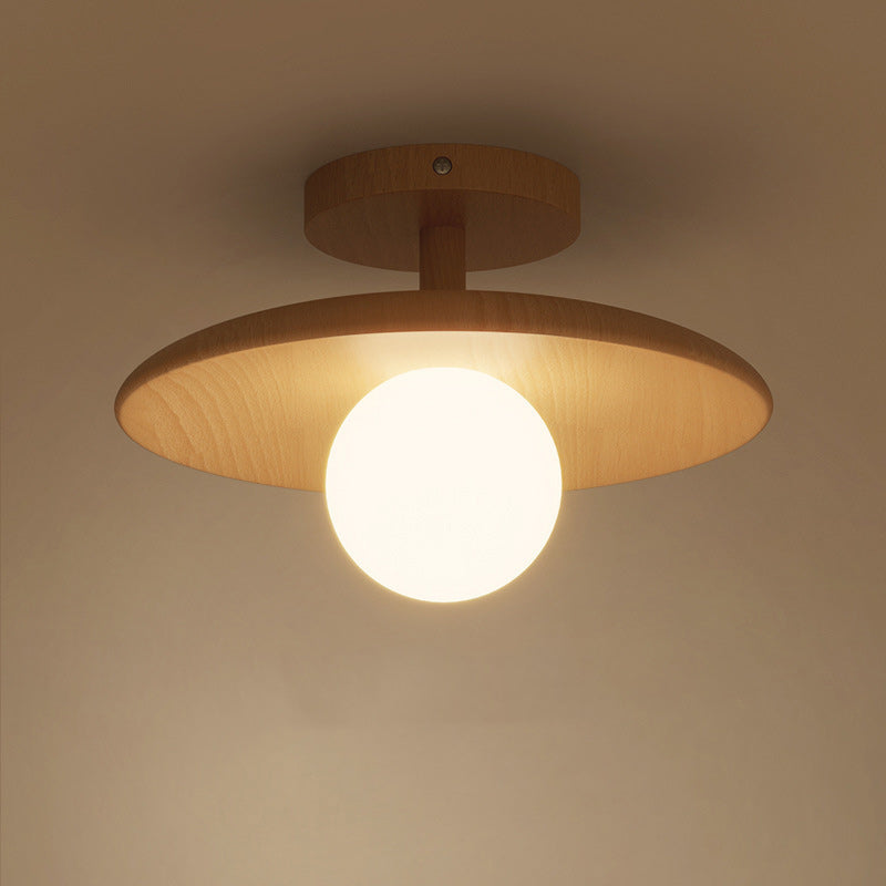 Traditional Japanese Frisbee Round Glass Rubberwood 1-light Semi-flush Mount Ceiling Light for Living Room