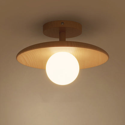 Traditional Japanese Frisbee Round Glass Rubberwood 1-light Semi-flush Mount Ceiling Light for Living Room