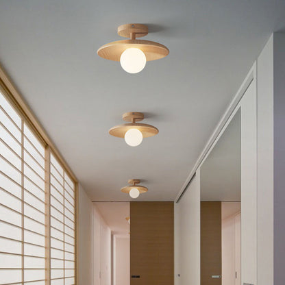 Traditional Japanese Frisbee Round Glass Rubberwood 1-light Semi-flush Mount Ceiling Light for Living Room