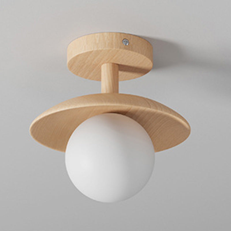 Traditional Japanese Frisbee Round Glass Rubberwood 1-light Semi-flush Mount Ceiling Light for Living Room