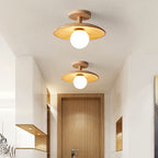 Traditional Japanese Frisbee Round Glass Rubberwood 1-light Semi-flush Mount Ceiling Light for Living Room