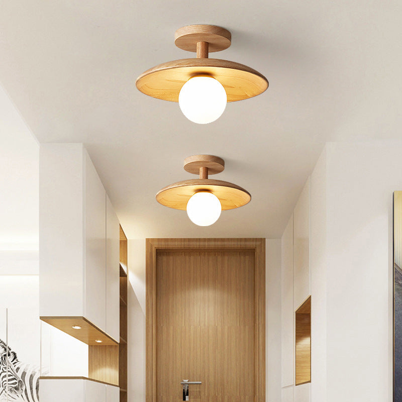Traditional Japanese Frisbee Round Glass Rubberwood 1-light Semi-flush Mount Ceiling Light for Living Room