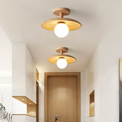 Traditional Japanese Frisbee Round Glass Rubberwood 1-light Semi-flush Mount Ceiling Light for Living Room