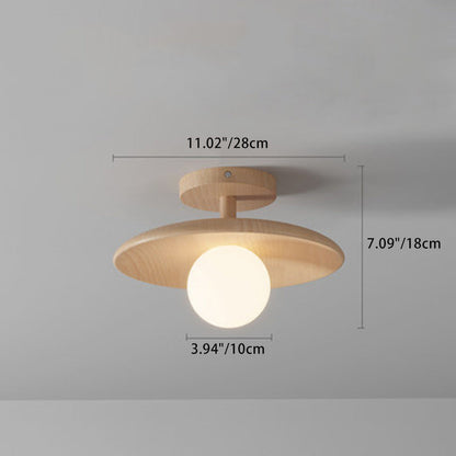 Traditional Japanese Frisbee Round Glass Rubberwood 1-light Semi-flush Mount Ceiling Light for Living Room