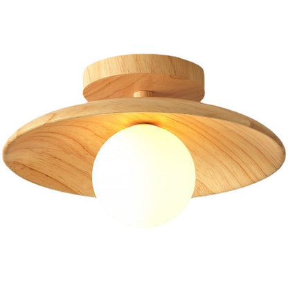 Traditional Japanese Frisbee Round Glass Rubberwood 1-light Semi-flush Mount Ceiling Light for Living Room