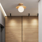 Traditional Japanese Frisbee Round Glass Rubberwood 1-light Semi-flush Mount Ceiling Light for Living Room