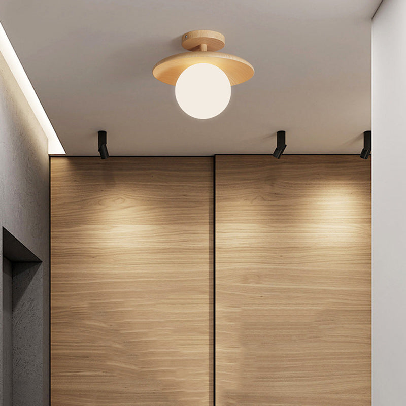 Traditional Japanese Frisbee Round Glass Rubberwood 1-light Semi-flush Mount Ceiling Light for Living Room