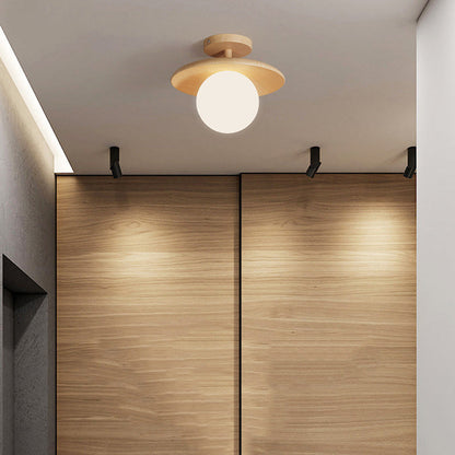 Traditional Japanese Frisbee Round Glass Rubberwood 1-light Semi-flush Mount Ceiling Light for Living Room