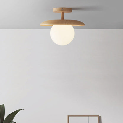 Traditional Japanese Frisbee Round Glass Rubberwood 1-light Semi-flush Mount Ceiling Light for Living Room