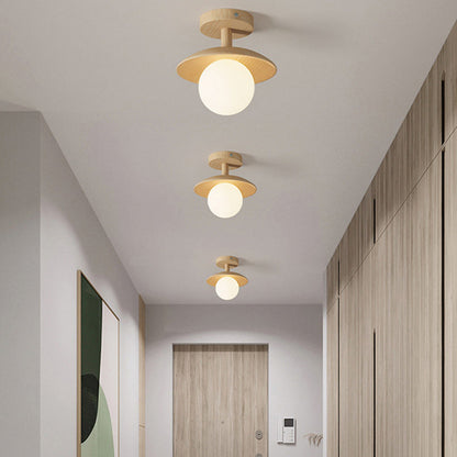 Traditional Japanese Frisbee Round Glass Rubberwood 1-light Semi-flush Mount Ceiling Light for Living Room