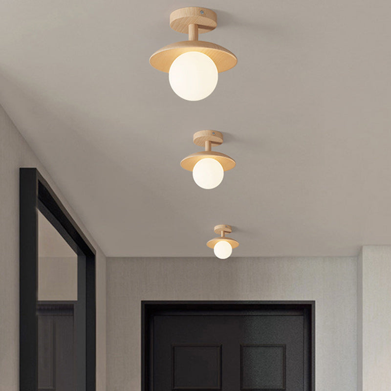 Traditional Japanese Frisbee Round Glass Rubberwood 1-light Semi-flush Mount Ceiling Light for Living Room