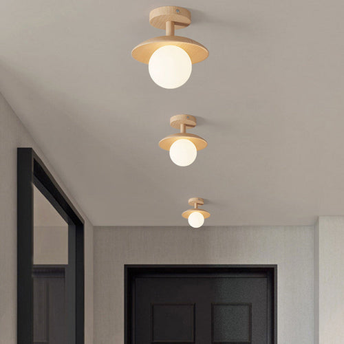 Traditional Japanese Frisbee Round Glass Rubberwood 1-light Semi-flush Mount Ceiling Light for Living Room