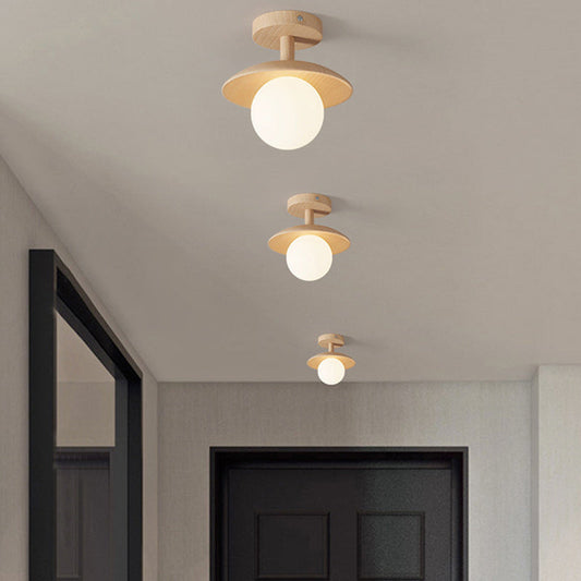 Traditional Japanese Frisbee Round Glass Rubberwood 1-light Semi-flush Mount Ceiling Light for Living Room