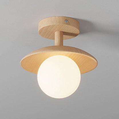 Traditional Japanese Frisbee Round Glass Rubberwood 1-light Semi-flush Mount Ceiling Light for Living Room