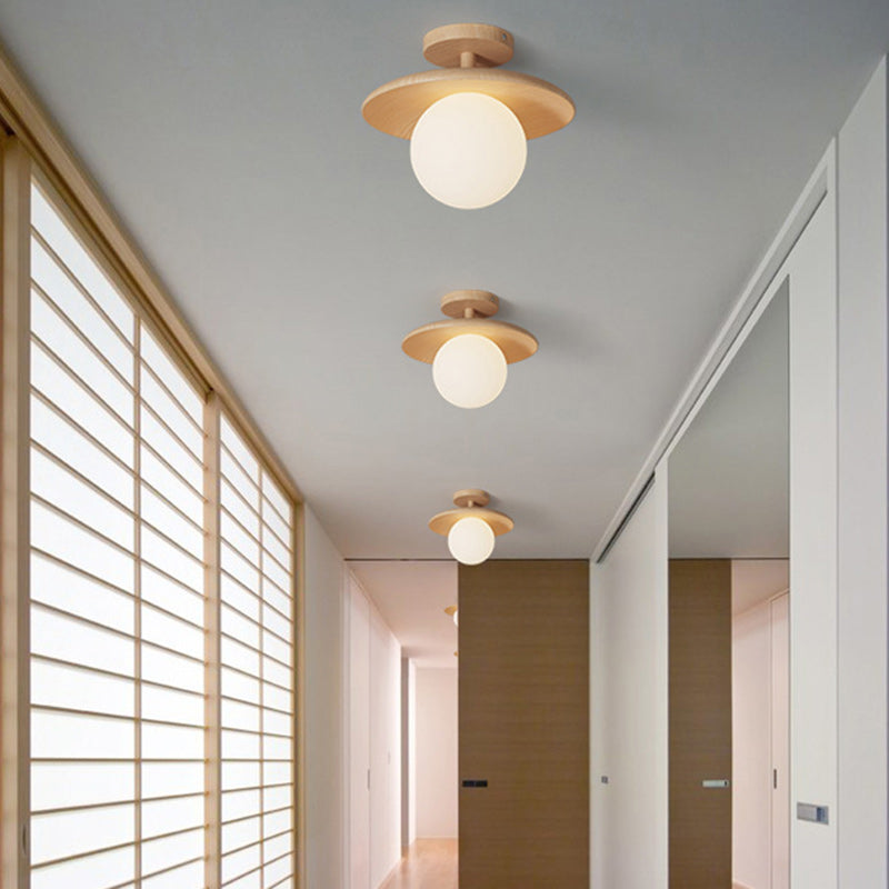 Traditional Japanese Frisbee Round Glass Rubberwood 1-light Semi-flush Mount Ceiling Light for Living Room