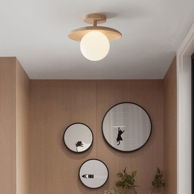 Traditional Japanese Frisbee Round Glass Rubberwood 1-light Semi-flush Mount Ceiling Light for Living Room