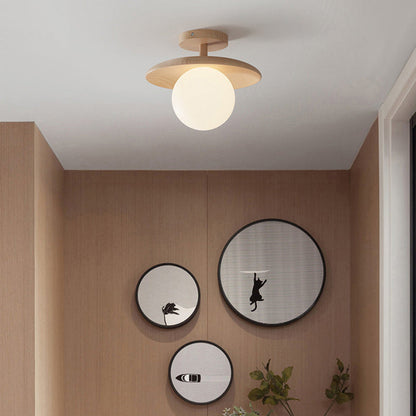 Traditional Japanese Frisbee Round Glass Rubberwood 1-light Semi-flush Mount Ceiling Light for Living Room