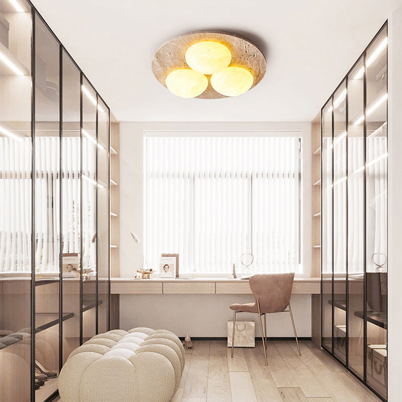 Contemporary Creative Round Moon Yellow Travertine LED Flush Mount Ceiling Light for Living Room