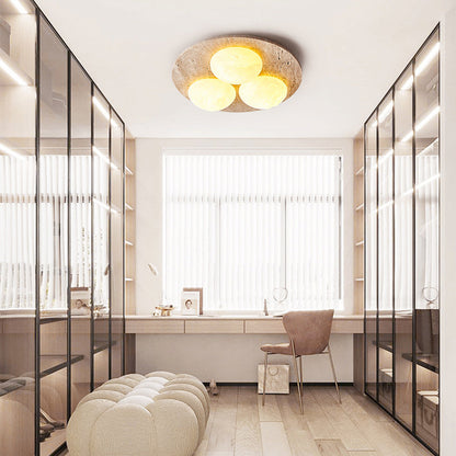 Contemporary Creative Round Moon Yellow Travertine LED Flush Mount Ceiling Light for Living Room