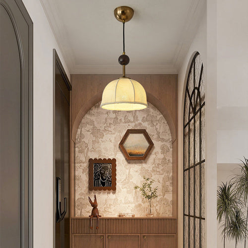 Traditional Chinese Half Round Orb Fabric Solid Wood Iron 1-Light Pendant Light For Living Room