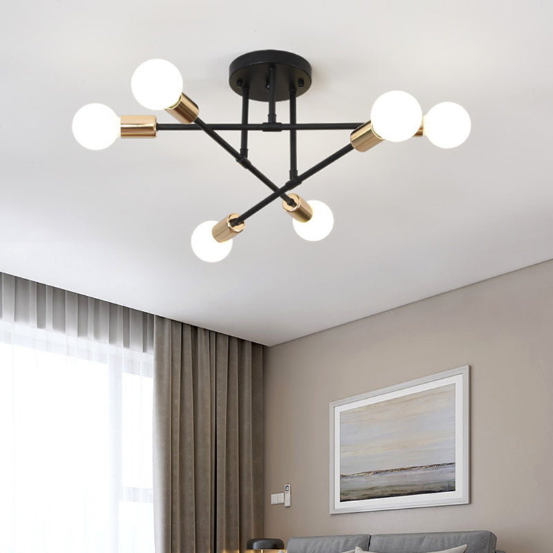 Contemporary Nordic Cross Cylinder Round Iron 6-light Semi-flush Mount Ceiling Light for Living Room