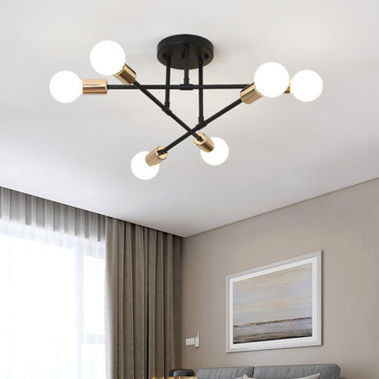 Contemporary Nordic Cross Cylinder Round Iron 6-light Semi-flush Mount Ceiling Light for Living Room