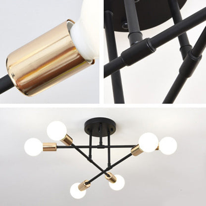 Contemporary Nordic Cross Cylinder Round Iron 6-light Semi-flush Mount Ceiling Light for Living Room