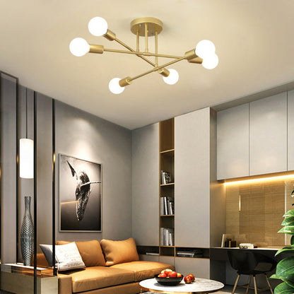 Contemporary Nordic Cross Cylinder Round Iron 6-light Semi-flush Mount Ceiling Light for Living Room