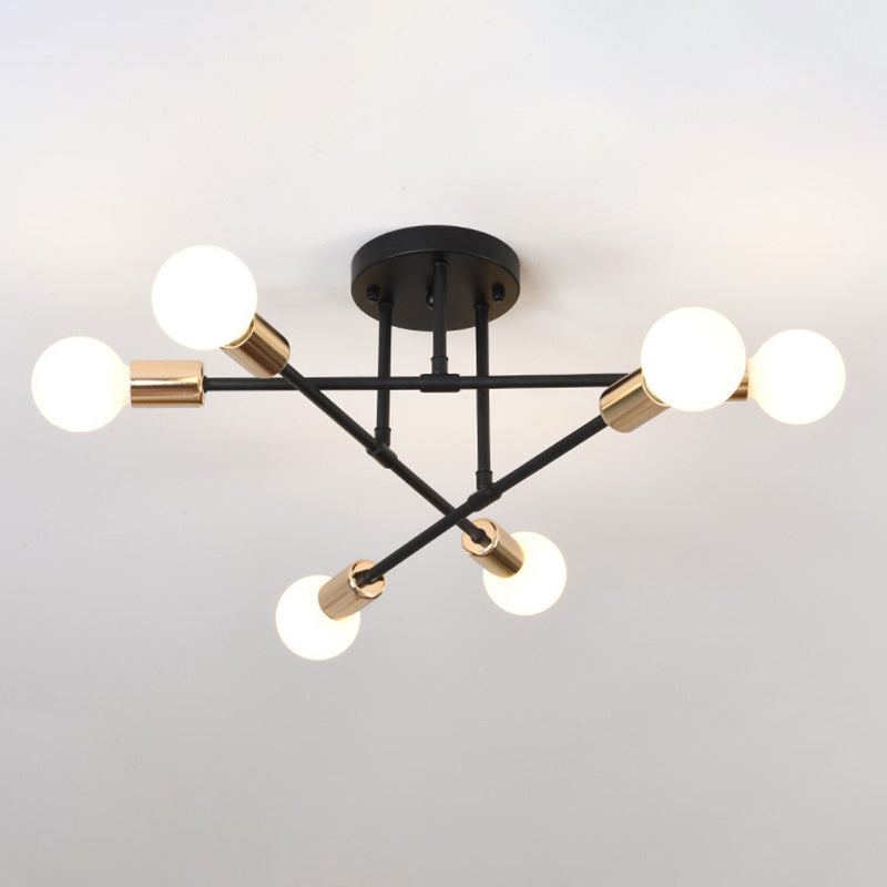 Contemporary Nordic Cross Cylinder Round Iron 6-light Semi-flush Mount Ceiling Light for Living Room