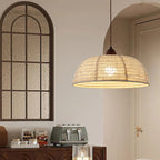 Traditional Japanese Round Fabric Ash Wood Hardware 1-Light Pendant Light For Living Room